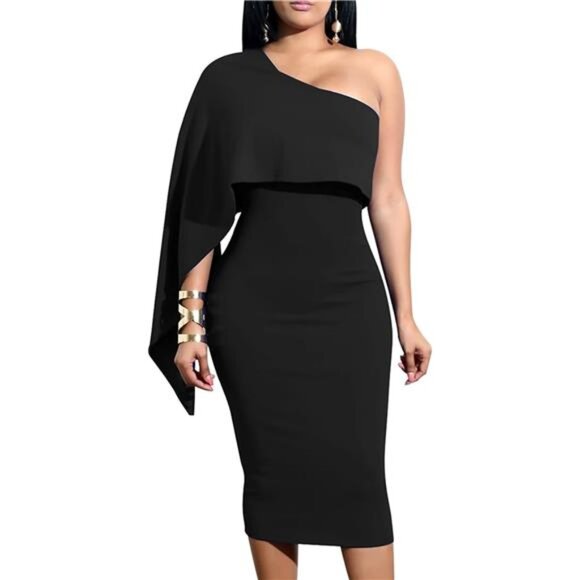 Women's Sexy One Shoulder Ruffle Bodycon Dress Black - Picture 1 of 7